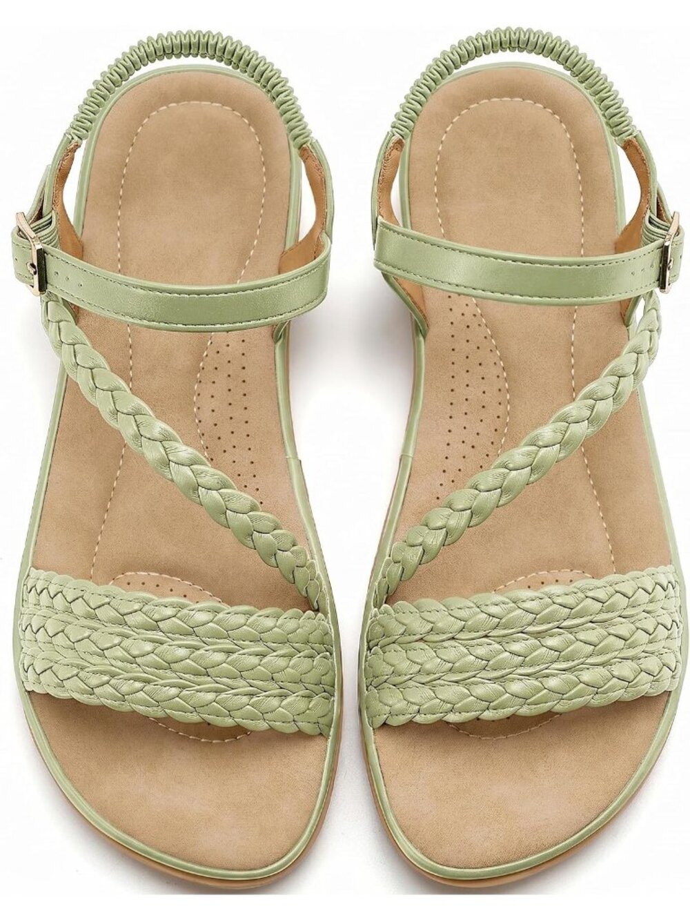 Women's Green Braided Comfortable Elastic Ankle Strap Buckled Flat Sandals